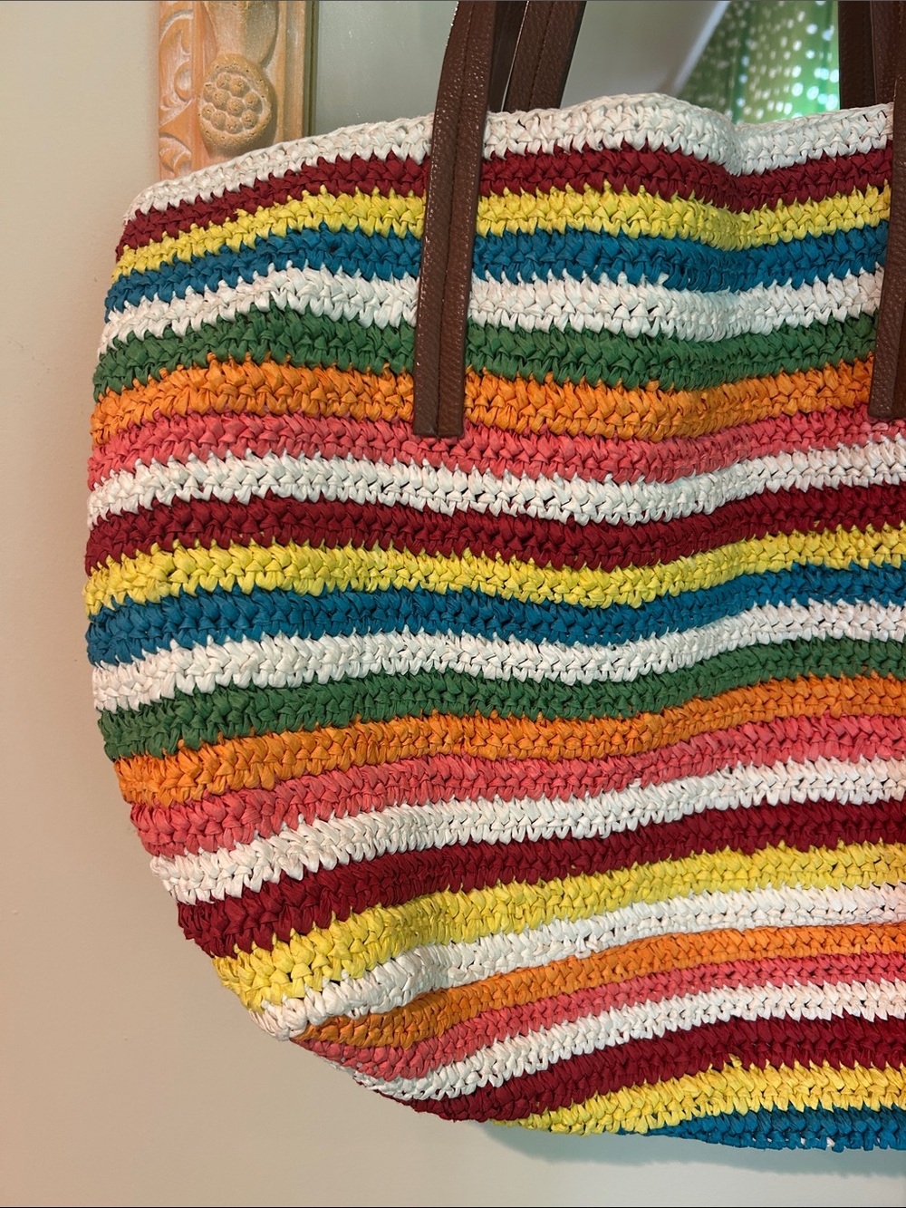 J. Crew Multicolor Striped Crochet Tote Bag with Brown Handles - Picture 5 of 10
